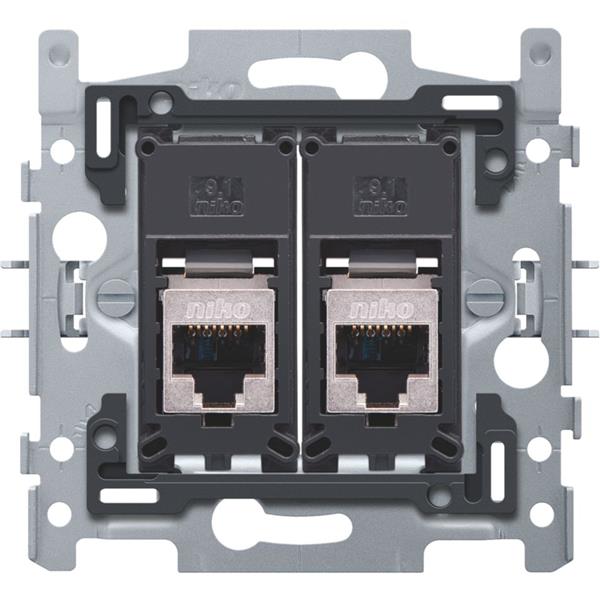 2 RJ45-aansluitingen STP cat. 6A, vlakke uitvoering, incl. inbouwraam 60 x 71 mm met klauwbevestiging