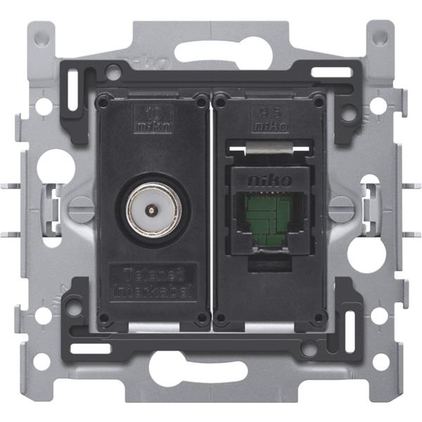 Combinatie coax met RJ45-aansluiting UTP Cat5E, vlakke uitvoering, incl. inbouwraam 60 x 71 mm met klauwbevestiging