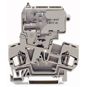 2-draads zekeringsklem; met draaibare zekeringhouder; voor G-smeltpatroon 5 x 20 mm; met defectindicatie via neonlamp; 230 V; voor draagrail 35 x 15 en 35 x 7,5; 4 mm²; CAGE CLAMP®; 4,00 mm²; grijs