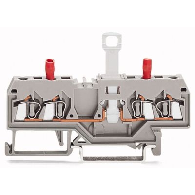 2-draads scheidings- en meetklem; Zonder zwenkbaar scheidingsmes; met tegen aanraking beveiligde testbussen; Testbus, rood; voor draagrail 35 x 15 en 35 x 7,5; 2,5 mm²; CAGE CLAMP®; 2,50 mm²; grijs