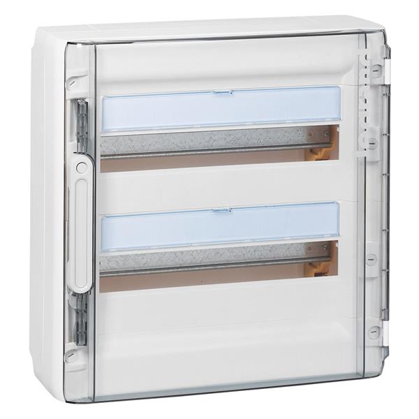 Opbouwkast XL³ 125 - 2 rijen van 18 modules - 36 modules - met doorzichtige deur - IP40 - IK 09 - wit RAL 9003 - uittrekbaar en kantelend frame