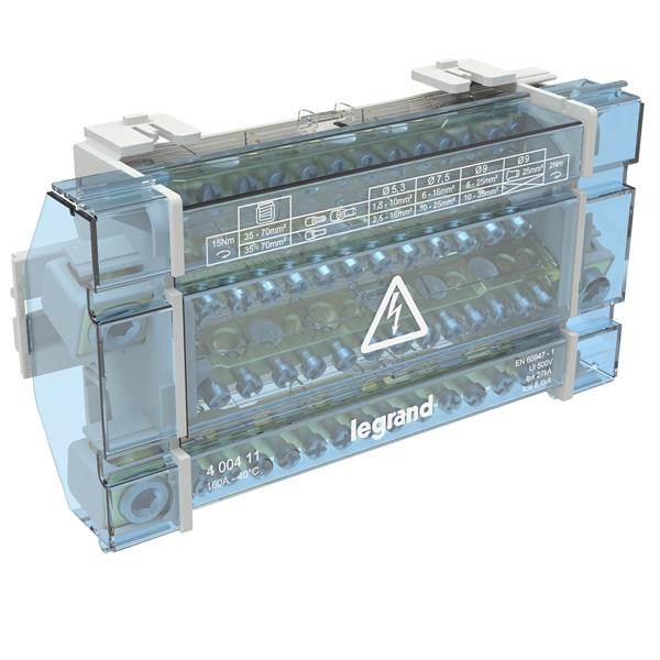 Modulaire verdeelklem 4P 160A - 15 aansluitingen met schroeven - 27kA - 10 modules