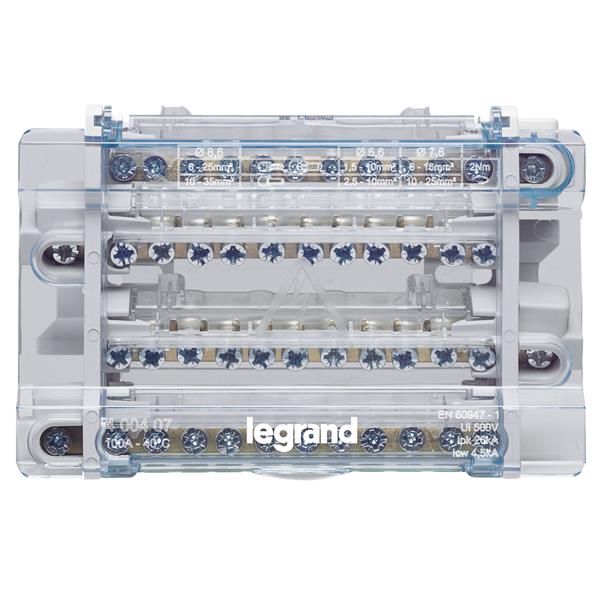 Modulaire verdeelklem 4P 100A - 12 aansluitingen met schroeven - 26kA - 8 modules