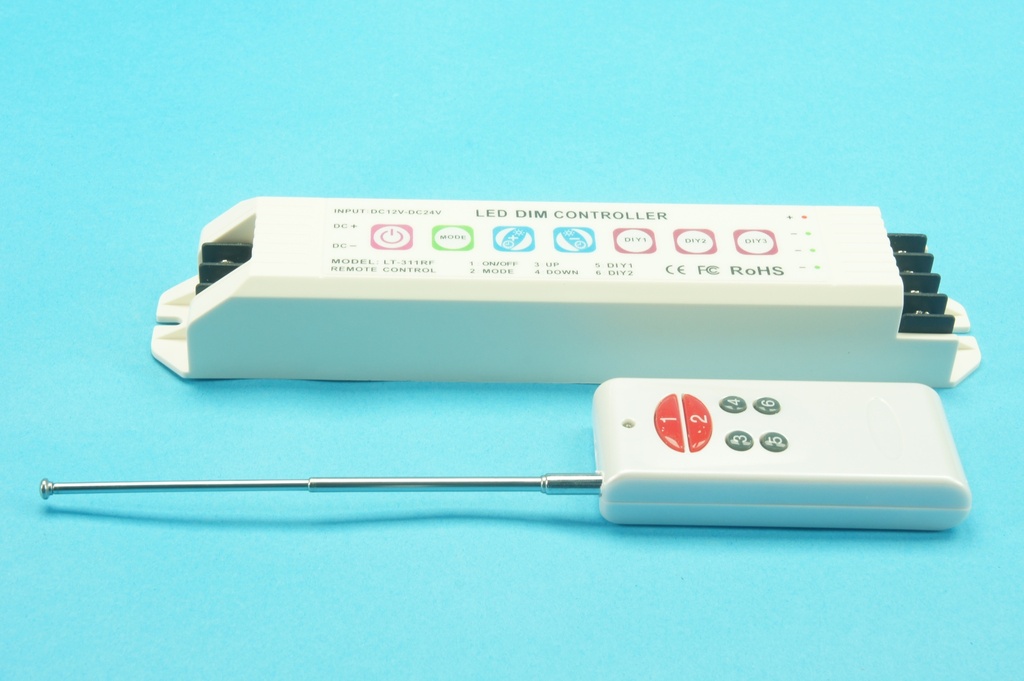 LTECH LT-311RF LED DIM controller with a remote control, input power supply: 12-24 VDC, max current load: 6A/CH x 3CH 18A max, max output power: 216W/432W 12V/24V