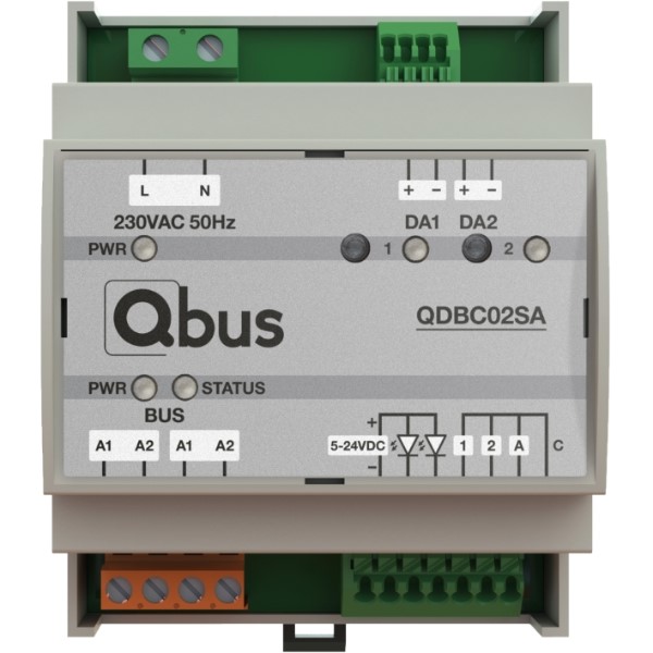 Dali broadcast module, 2 kanalen (64 DALI adressen), 3 in (LED terugmelding)