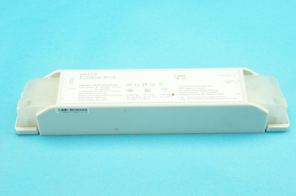 EldoLED Ecodrive 361/A intelligent LED driver/controller, input: 120-250 VDC 120-250 VAC 0.35A 50/60 Hz, output: 60 VDC 200-1050 mA (settable) 30W