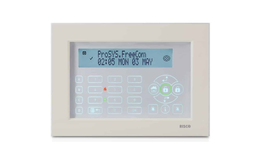 Risco RP128KPP200A ProSYS KPP touchscreen proximity keypad 13.56 MHz white, EN50131-3:2009; G3; EC2; PD6662:2010, current consumption: 13.8V +/-10%: 30 mA typical/210 mA max., main panel connection: 4-wire BUS; up to 300 m from main panel