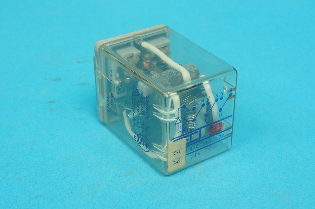 TEC AK428391P124 11 pin plug-in relay 24 VDC coil and 3 change over contacts, AC1: 4A 380 VAC/6A 220 VAC, DC1: 6A 24VDC/0.3A 220VDC