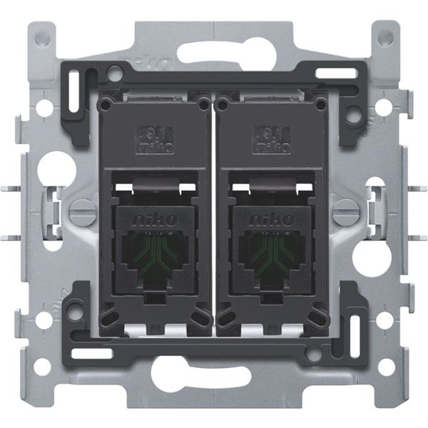 2x RJ45-aansluitingen UTP cat. 5E, vlakke uitvoering, incl. inbouwraam 60 x 71 mm met klauwbevestiging