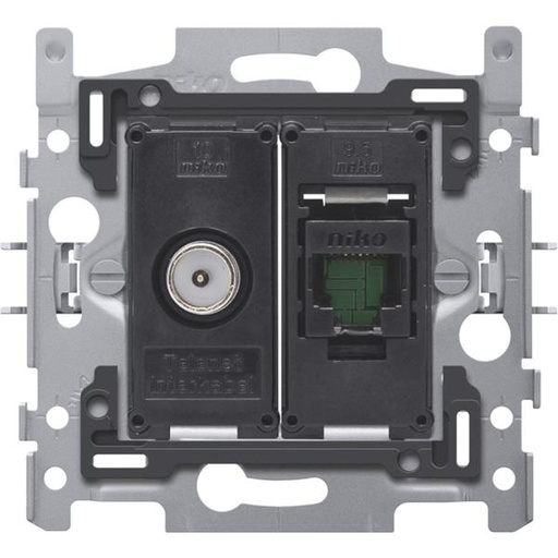 [170-65158] Combinatie coax met RJ45-aansluiting UTP Cat5E, vlakke uitvoering, incl. inbouwraam 60 x 71 mm met klauwbevestiging