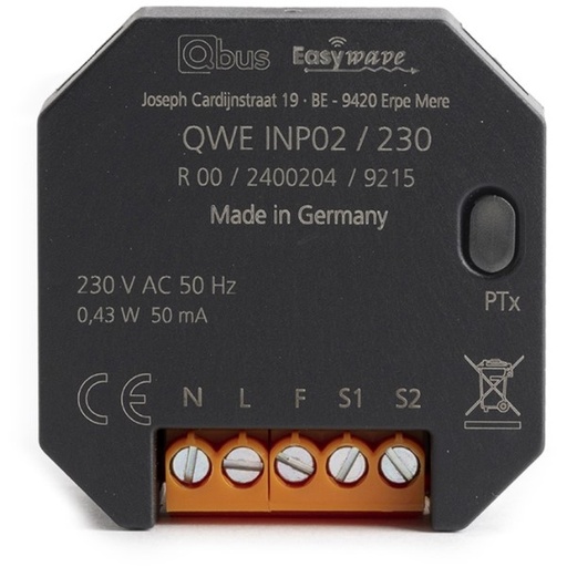 [QWE-INP02/230] Draadloze Easywave inputmodule op 230V voor 2 drukknoppen / schakelaars